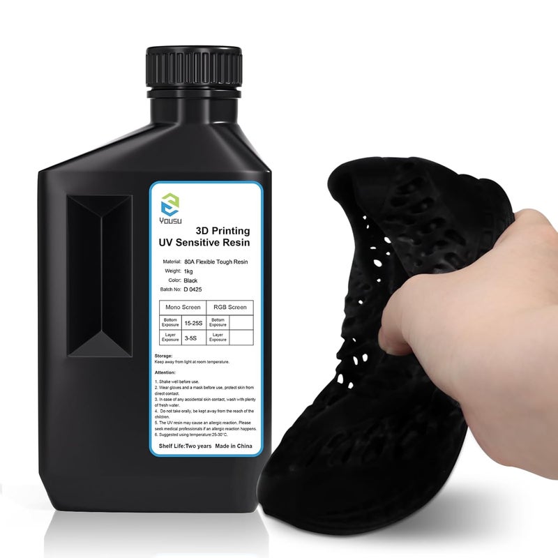 YOUSU رواسب طباعة ثلاثية الأبعاد مرنة وقوية (شور 80A) ، تشبه المطاط/TPU ، 1 ، راتنجات طباعة ثلاثية الأبعاد عالية الإطالة 405nm سريعة التصلب بالأشعة فوق البنفسجية للطباعات LCD ، أسود 1000 جرام - Image 1
